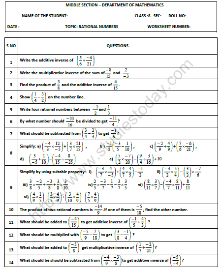 CBSE Class 8 Mathematics Rational Numbers Worksheet Set D